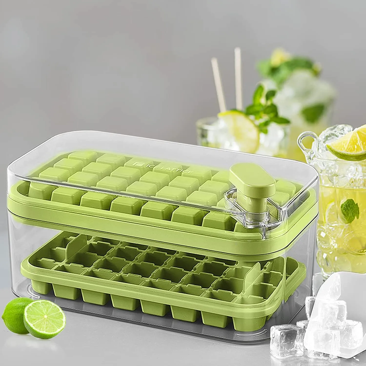 Press The Ice Grid,Ice Cube Tray with Lid and Bin, 64 Grids Ice Cube Molds Food Grade Ice Storage Box for Cold Drinks In Summer