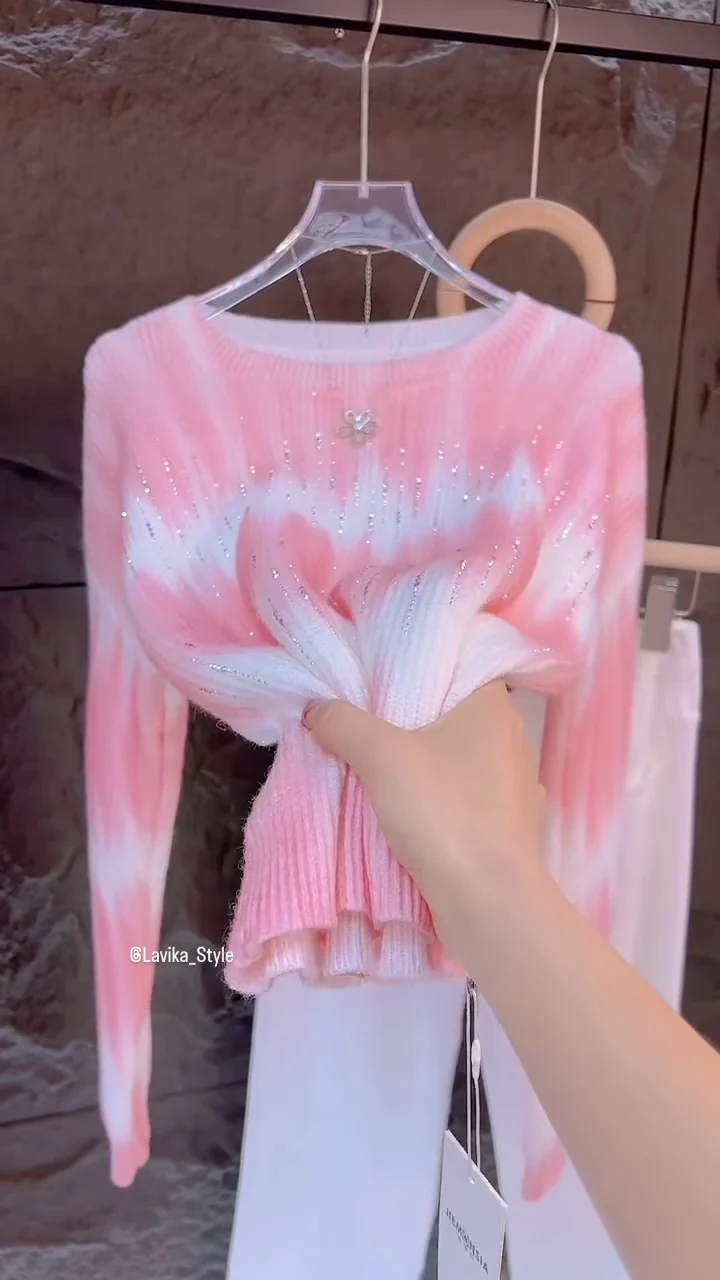 Pink & White Gradient Embellished Sweater – Soft Knit Casualwear for Women